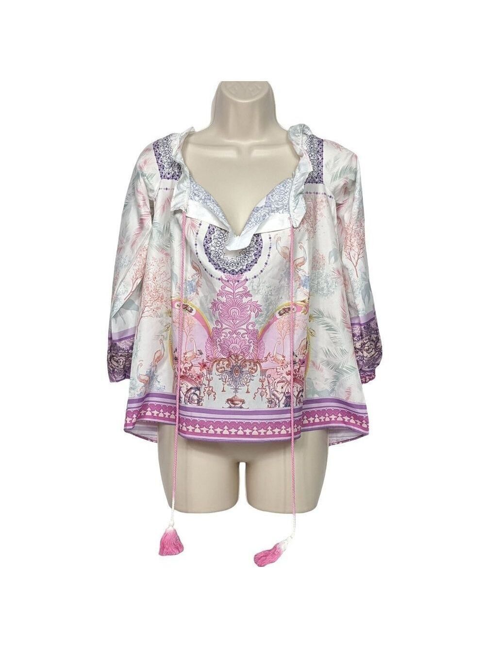 Order Plus Women's Geometric Tasseled Blouse Large